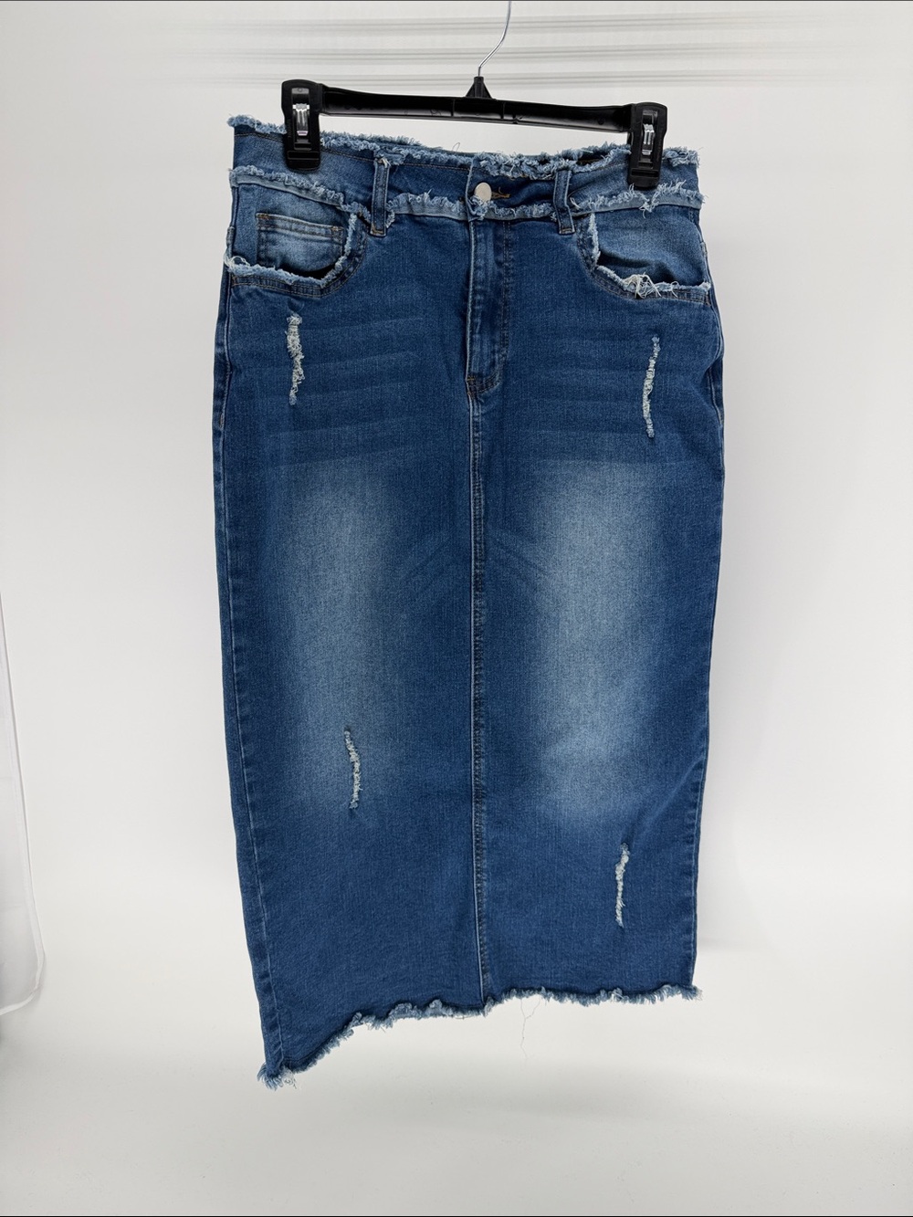Frayed Hem Blue Denim Pencil Skirt - Women NUGGLES no slit size small